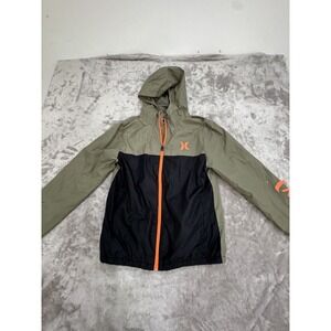 Hurley Jacket Youth Large Two Tone Hooded Windbreaker Full Zip Sleeve Logo Flaws
